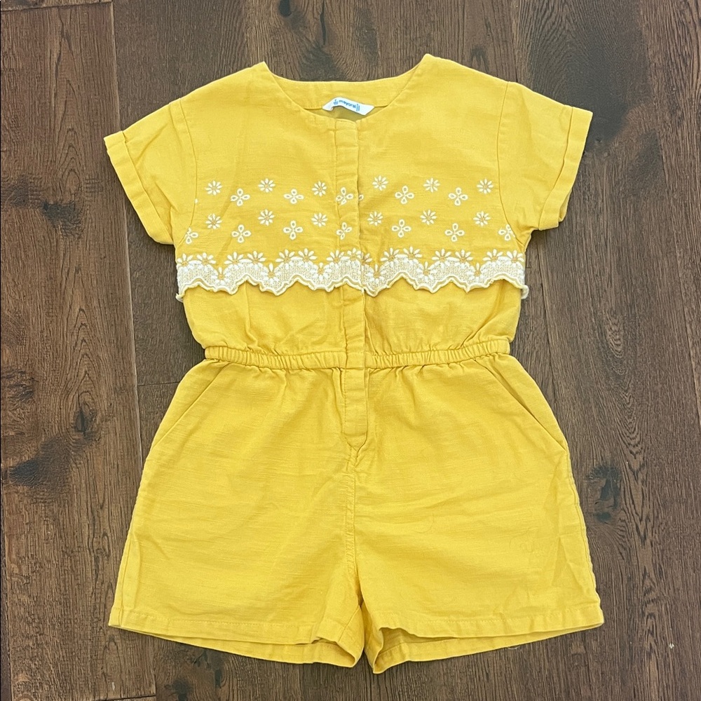 Mayoral Sunny Yellow Kids Romper with White Embroidery